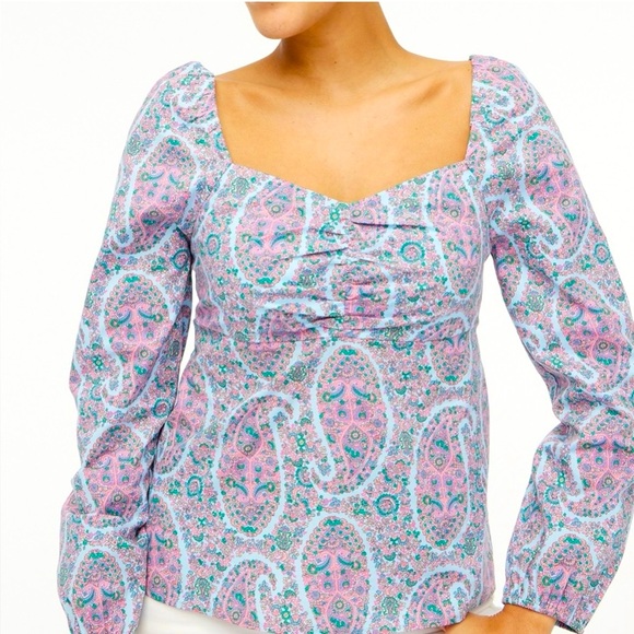 J. Crew Blue Pink Paisley Sweetheart Puff Sleeve Blouse Preppy‎ Office Dainty - Picture 1 of 10